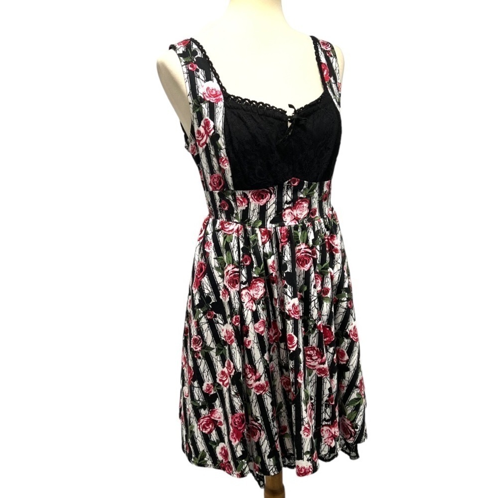 Hot Topic Corset Striped Rose Print Lace Pin Up Rockabilly Dress Womens Medium - Picture 13 of 16